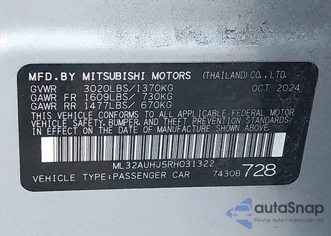 2024 Mitsubishi Mirage Es/Le from USA, damaged, VIN ML32AUHJ5RH031322